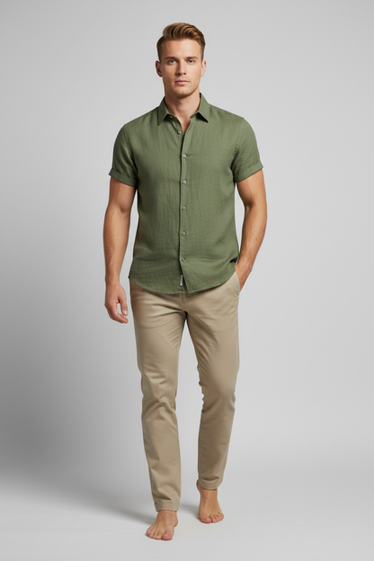 Marco Linen Shirt - Army Green voorkant