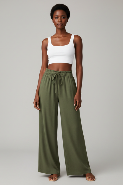Rowan Wide-Leg Trousers – Olive Green – Front