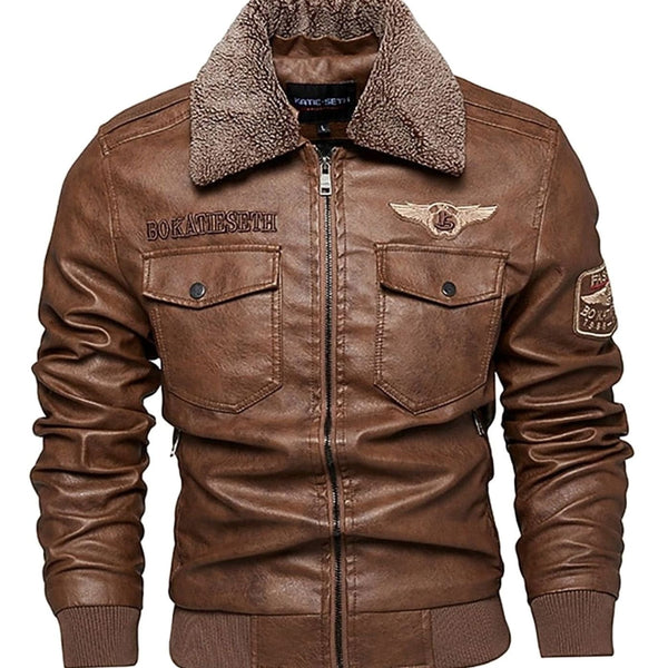 Men's coffee brown faux leather aviator jacket with sherpa collar