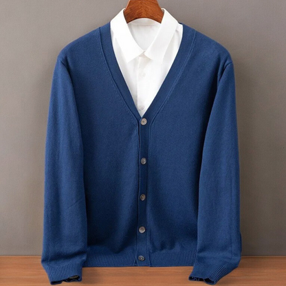 Men's navy cashmere-blend cardigan with button-front closure