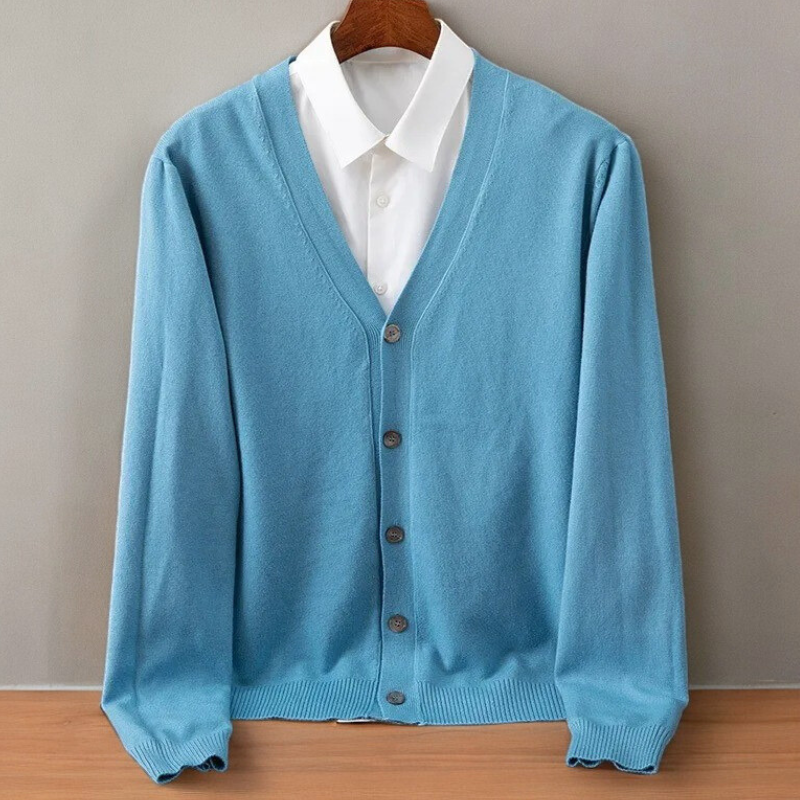 Men's sky blue cashmere-blend cardigan with button-front closure