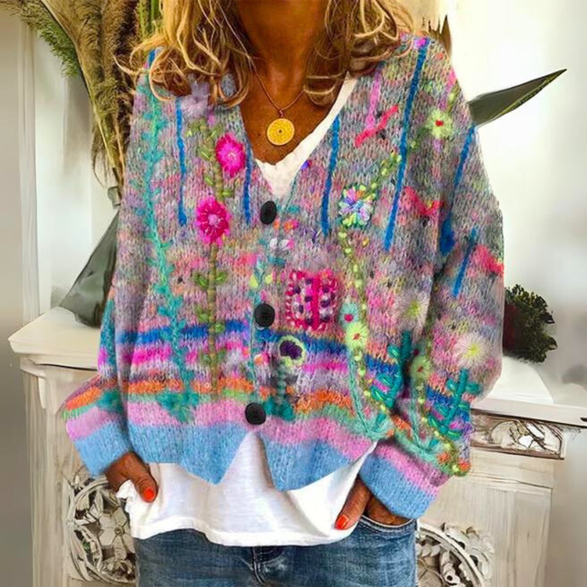 Evelyn Floral Embroidered Knit Cardigan | Button-Front | Oversized Fit