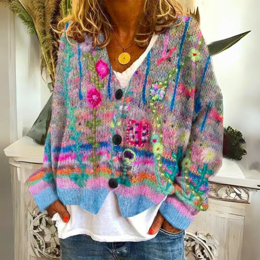 Evelyn Floral Embroidered Knit Cardigan | Button-Front | Oversized Fit