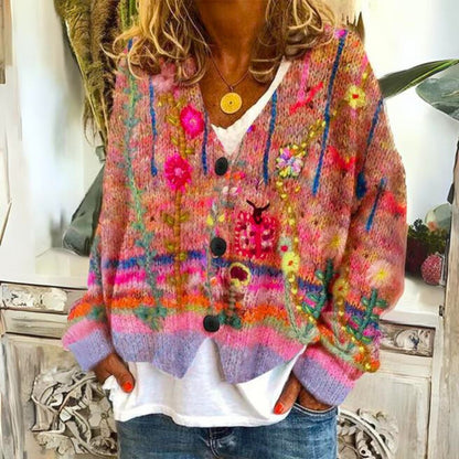 Evelyn Floral Embroidered Knit Cardigan | Button-Front | Oversized Fit