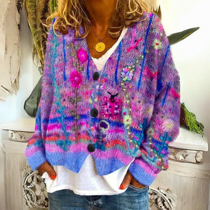 Evelyn Floral Embroidered Knit Cardigan | Button-Front | Oversized Fit