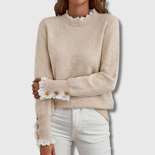 Sophia Lace-Trim Knit Jumper | Ribbed Cuff | Button Detail