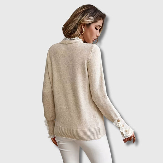 Sophia Lace-Trim Knit Jumper | Ribbed Cuff | Button Detail
