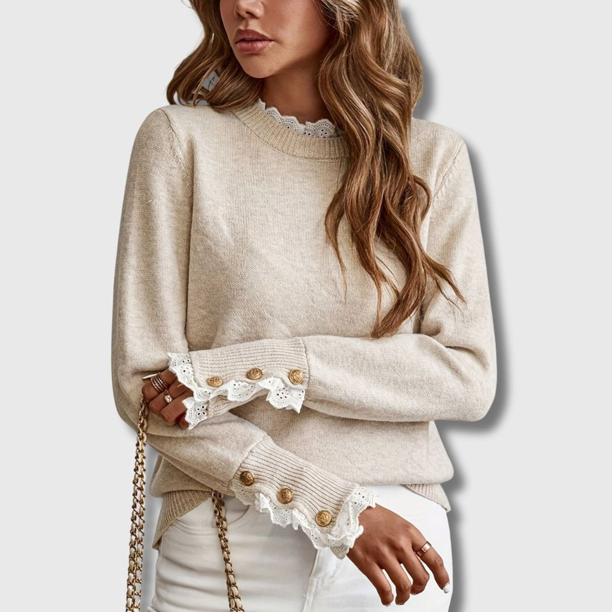 Sophia Lace-Trim Knit Jumper | Ribbed Cuff | Button Detail