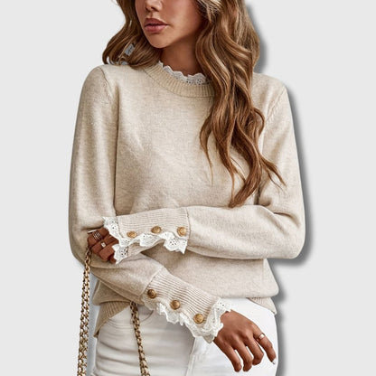 Sophia Lace-Trim Knit Jumper | Ribbed Cuff | Button Detail