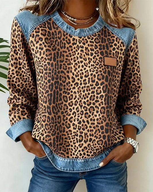 Olivia Leopard Print Pullover Jumper | Denim Patchwork | Crew Neck