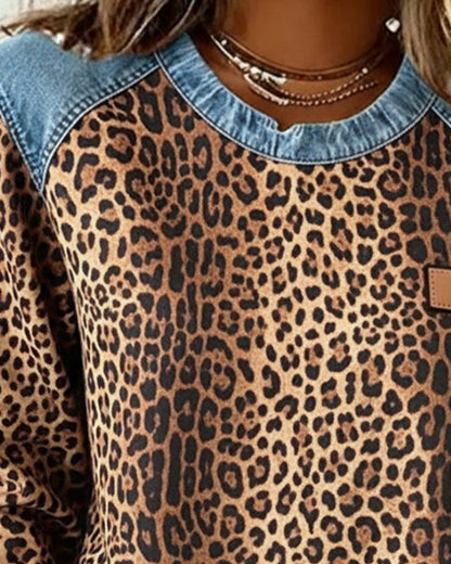 Olivia Leopard Print Pullover Jumper | Denim Patchwork | Crew Neck