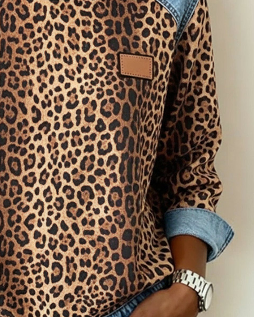 Olivia Leopard Print Pullover Jumper | Denim Patchwork | Crew Neck