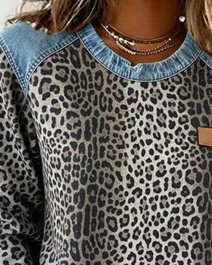 Olivia Leopard Print Pullover Jumper | Denim Patchwork | Crew Neck