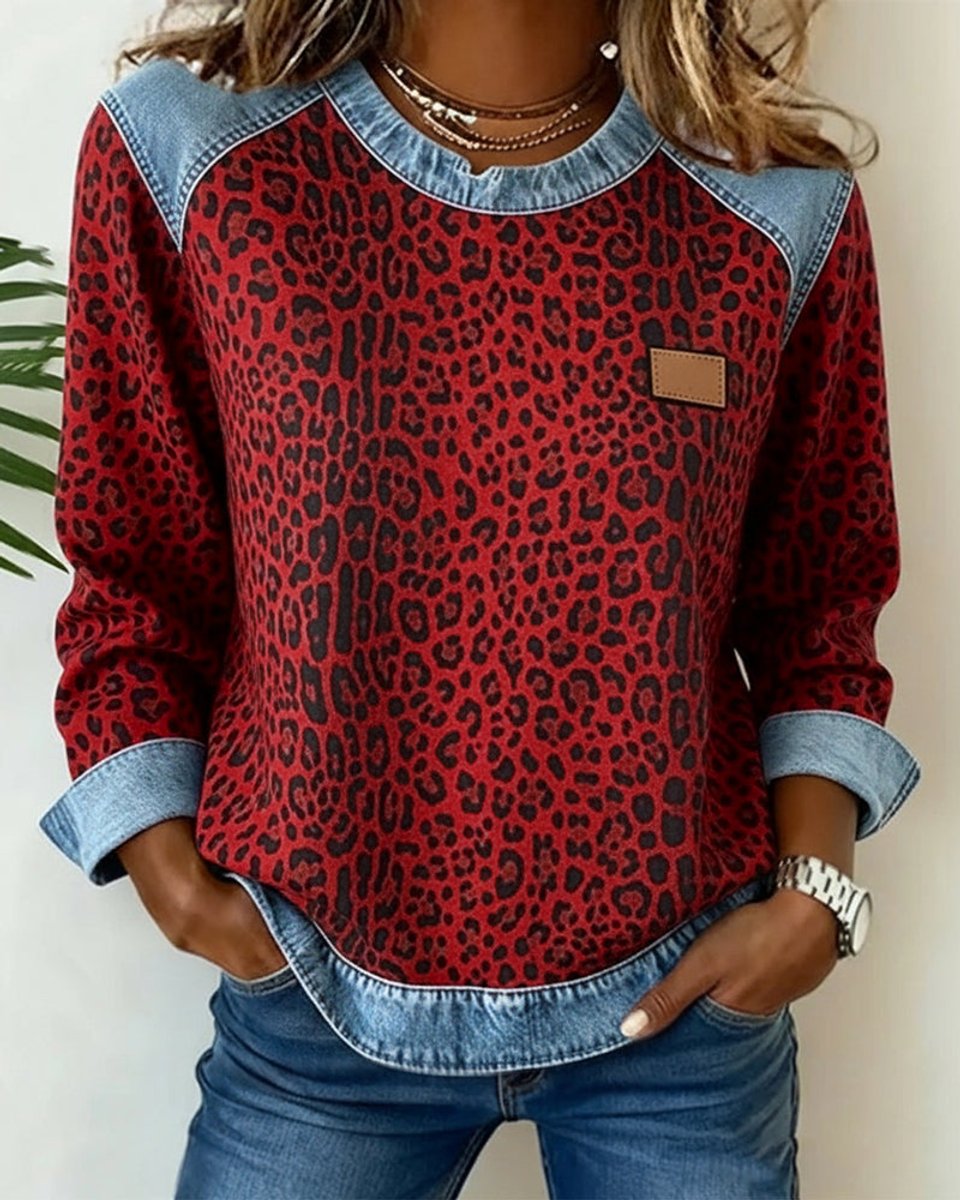 Olivia Leopard Print Pullover Jumper | Denim Patchwork | Crew Neck