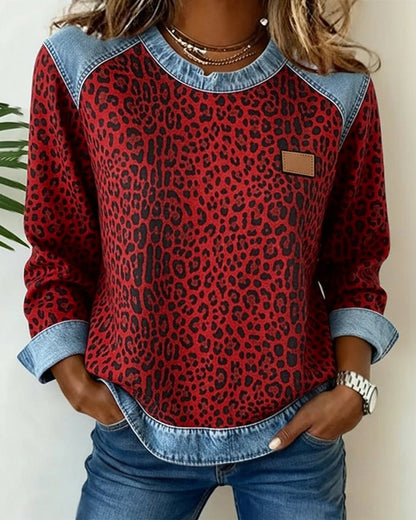 Olivia Leopard Print Pullover Jumper | Denim Patchwork | Crew Neck