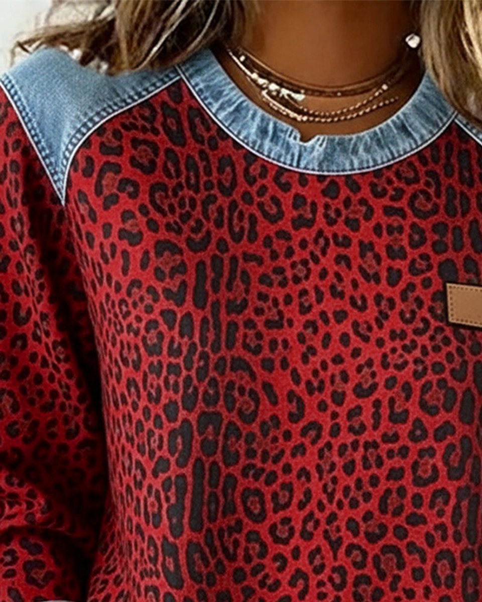 Olivia Leopard Print Pullover Jumper | Denim Patchwork | Crew Neck