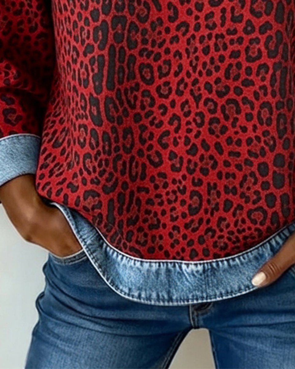 Olivia Leopard Print Pullover Jumper | Denim Patchwork | Crew Neck