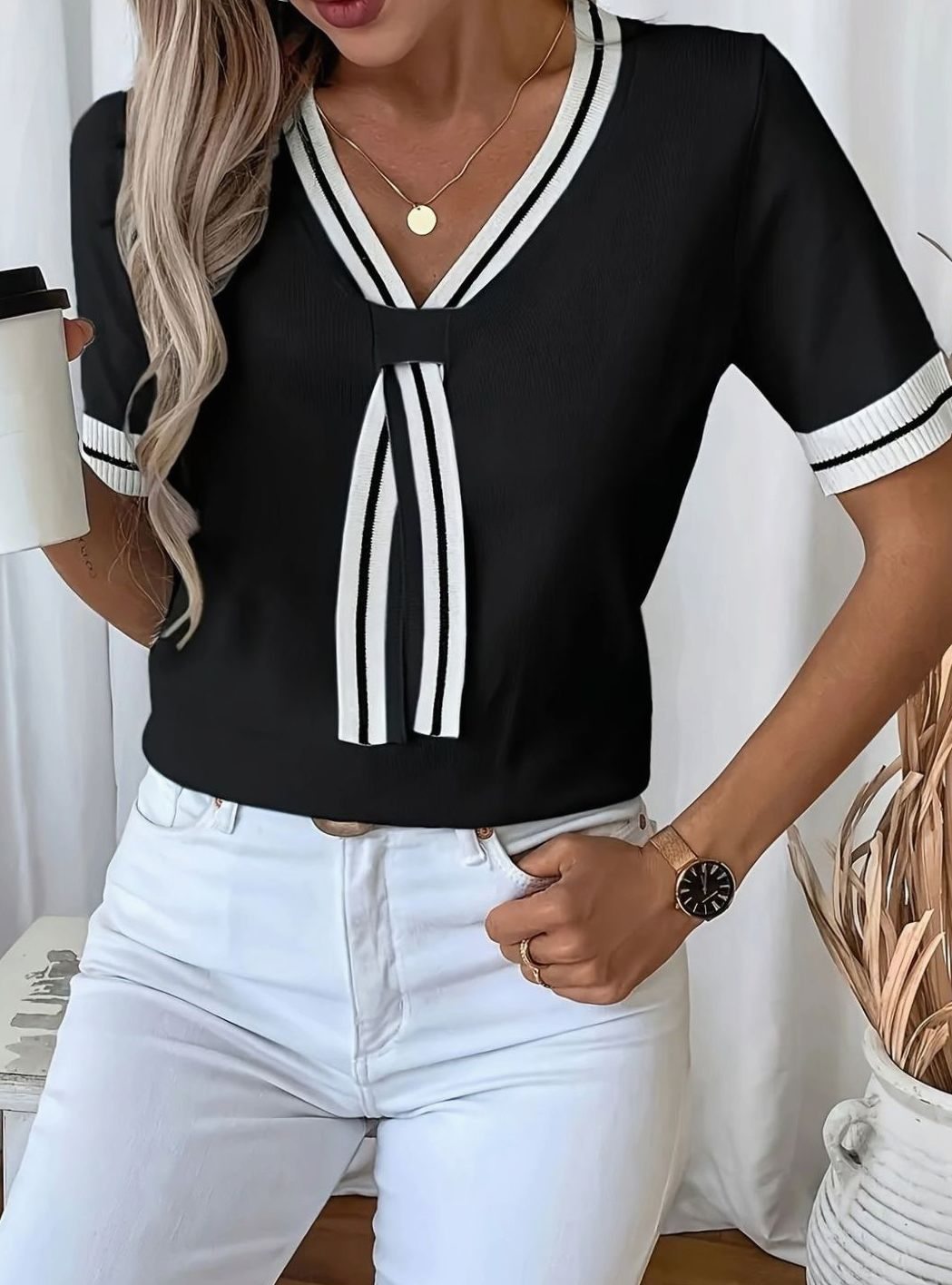 Grace V-Neck Knit Top | Contrast-Trim | Tie-Front