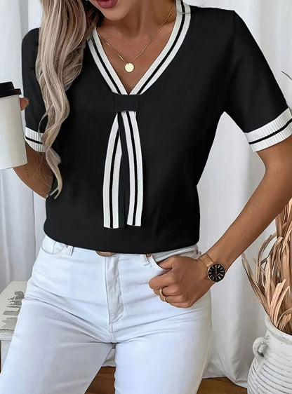 Grace V-Neck Knit Top | Contrast-Trim | Tie-Front