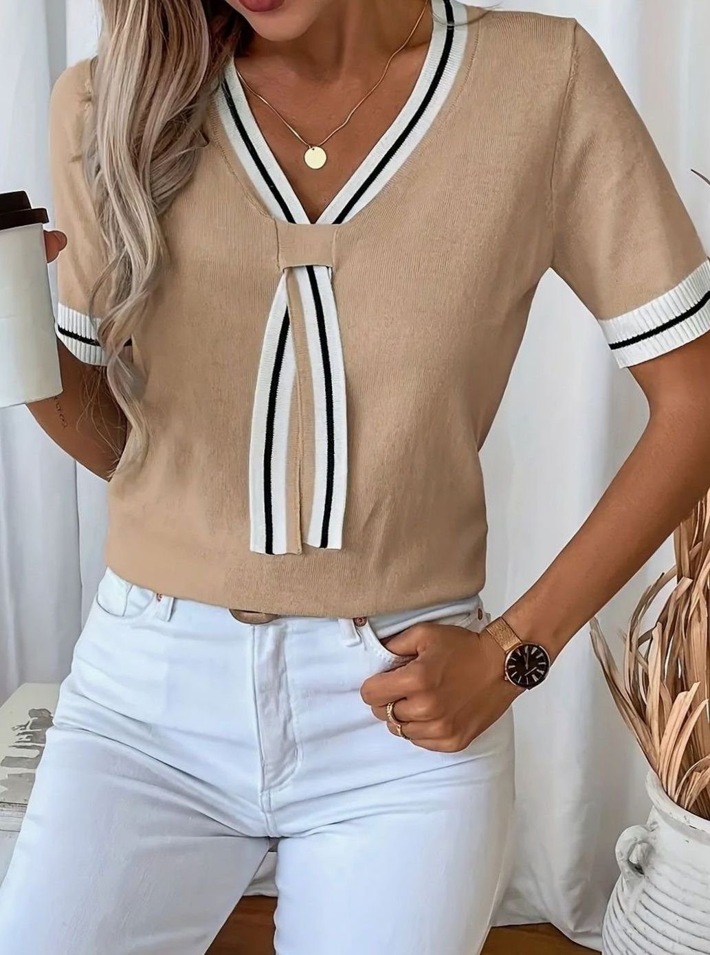 Grace V-Neck Knit Top | Contrast-Trim | Tie-Front