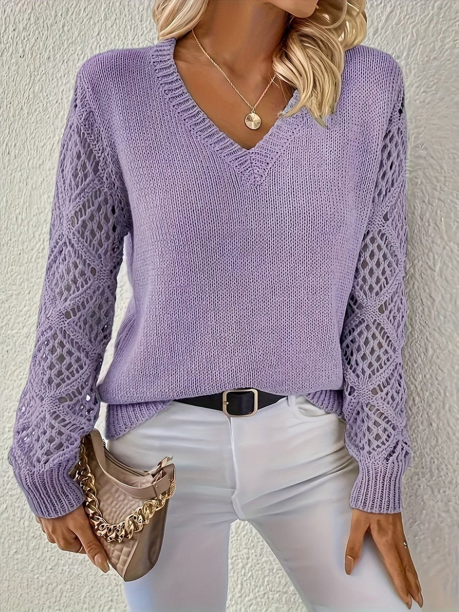 Amelia V-Neck Knit Jumper | Hollow-Sleeve | Pullover Fit