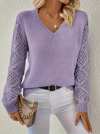 Amelia V-Neck Knit Jumper | Hollow-Sleeve | Pullover Fit