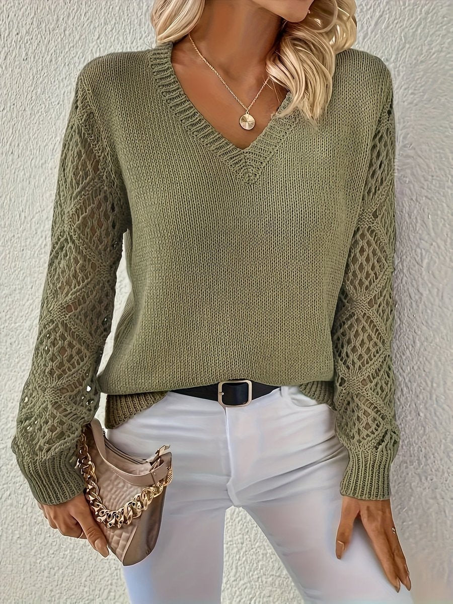 Amelia V-Neck Knit Jumper | Hollow-Sleeve | Pullover Fit