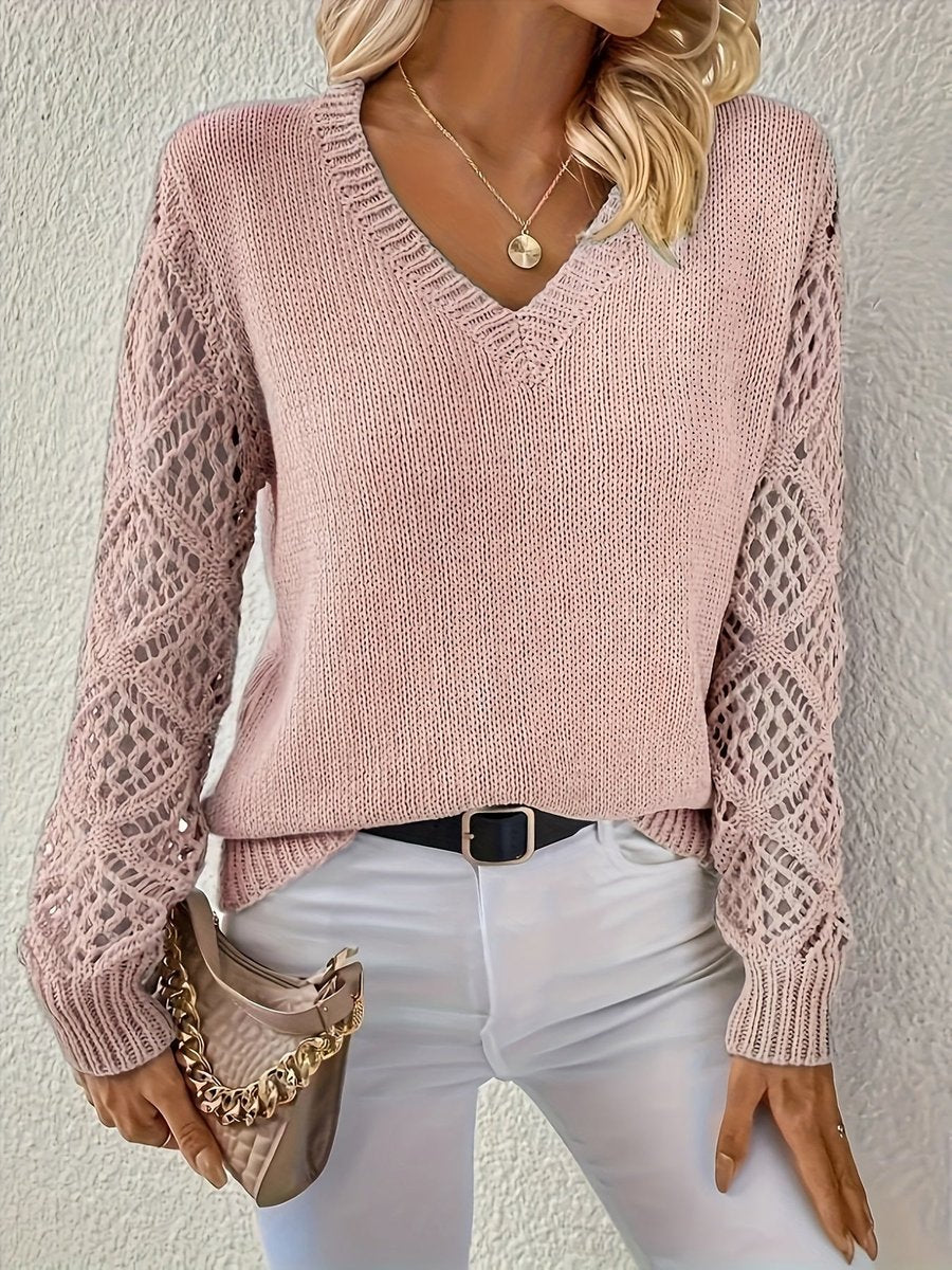 Amelia V-Neck Knit Jumper | Hollow-Sleeve | Pullover Fit