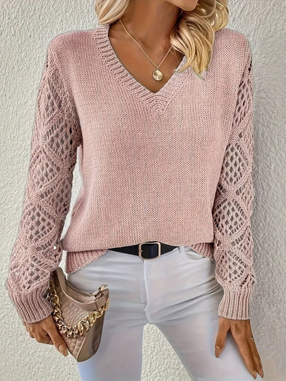 Amelia V-Neck Knit Jumper | Hollow-Sleeve | Pullover Fit
