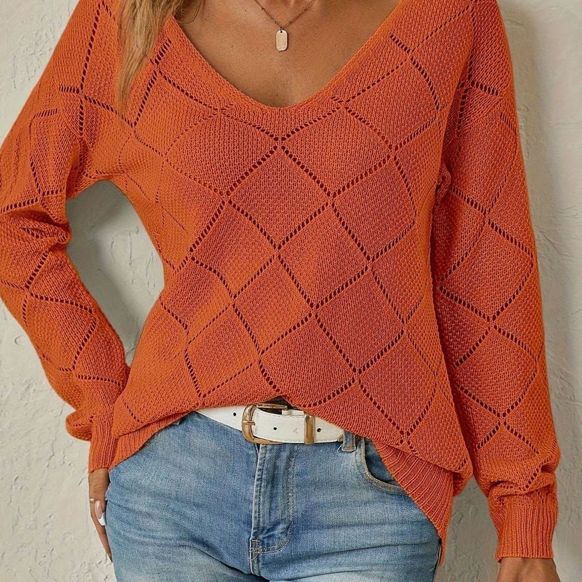 Olivia Openwork Diamond-Knit Jumper | V-Neck | Long Sleeve