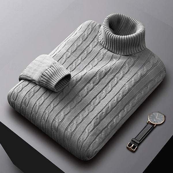 Men's light grey chunky cable knit turtleneck sweater with ribbed collar